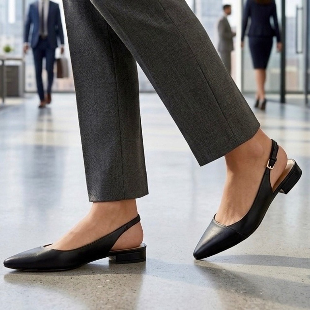 Talbots Womens 10M Black Leather Slingback‎ Flats Pointed Toe Career Minimalist